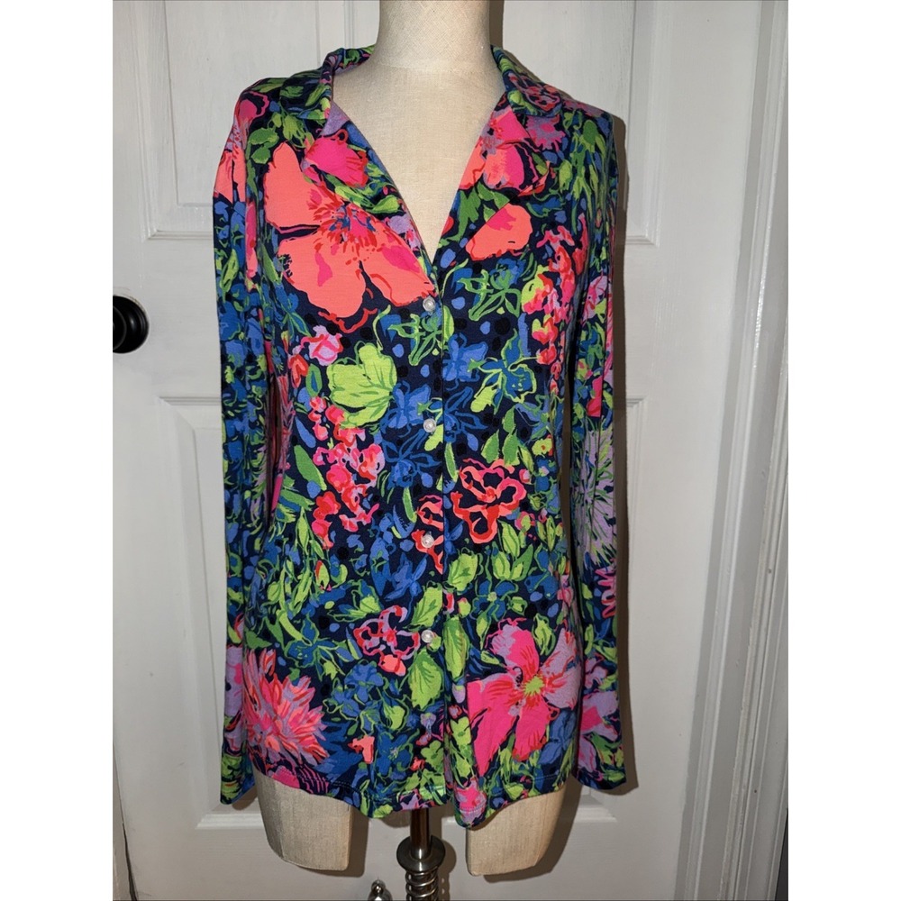 Lilly Pulitzer PJ Knit LS Button-Up Top Multi Festive Fantasy #007120 S Small